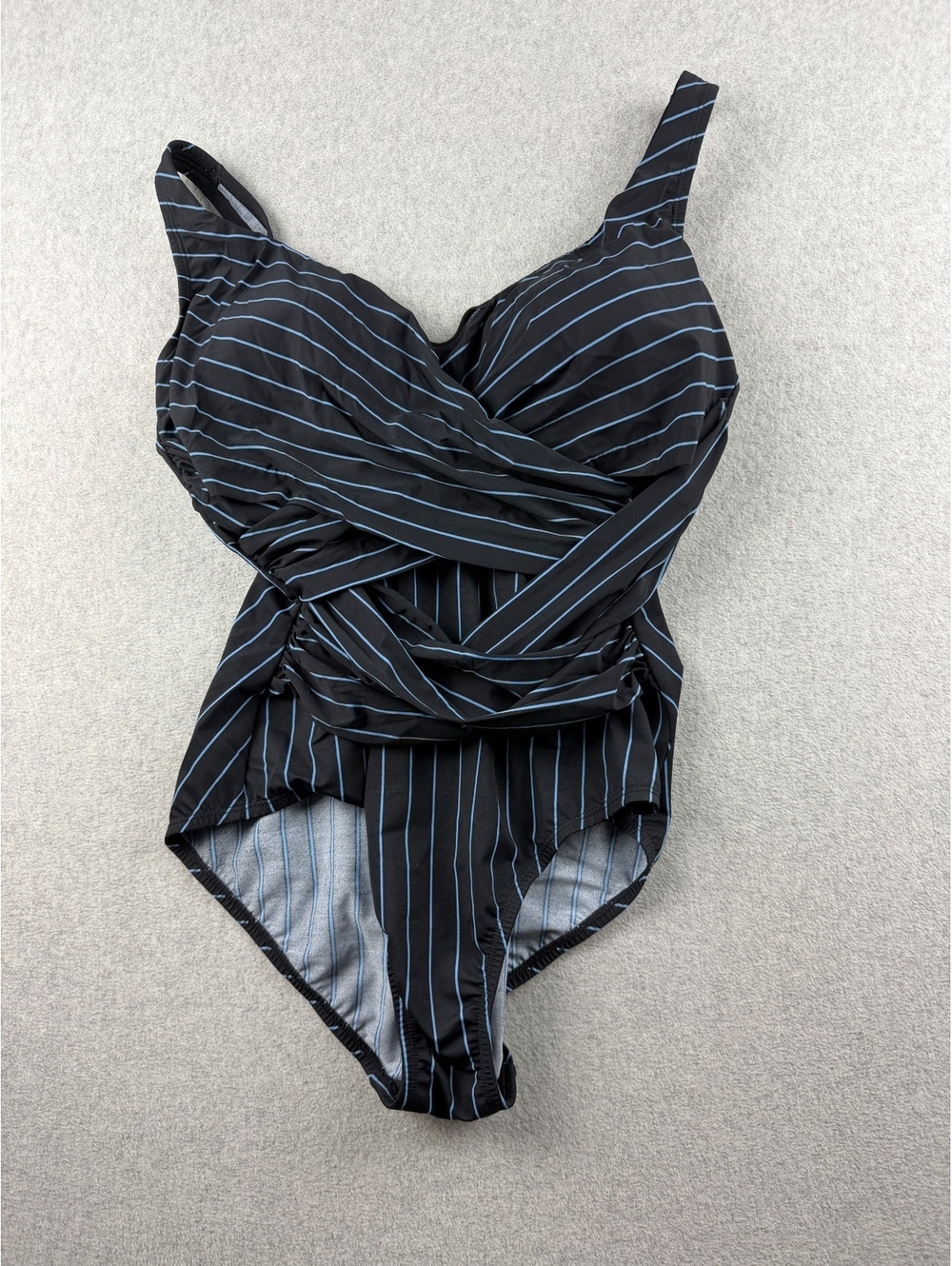 Lands End SlenderSuit Wrap One Piece Swimsuit 12 Black Blue Stripe Ruched